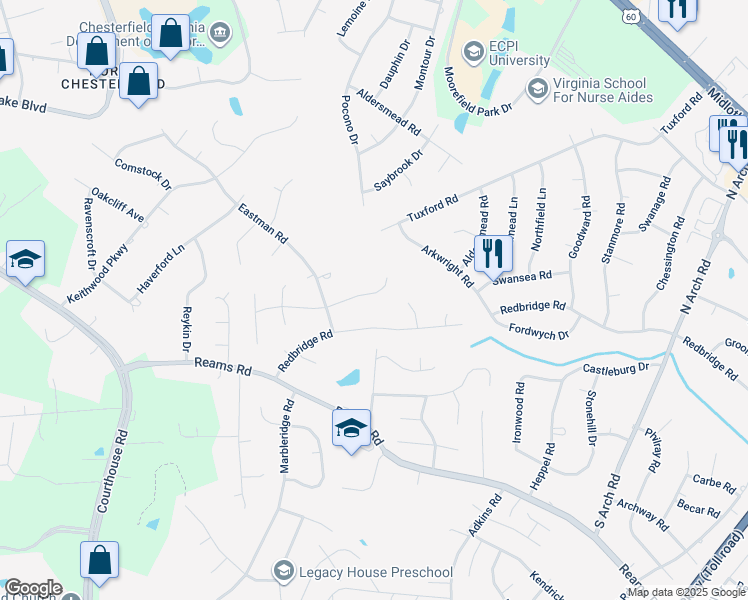 map of restaurants, bars, coffee shops, grocery stores, and more near 10135 Natural Bridge Road in Richmond