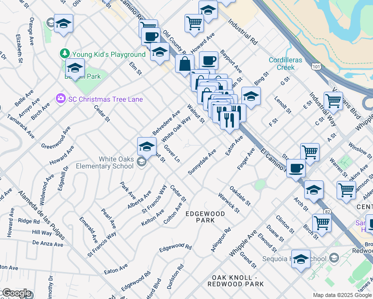 map of restaurants, bars, coffee shops, grocery stores, and more near 9 El Sereno Court in San Carlos