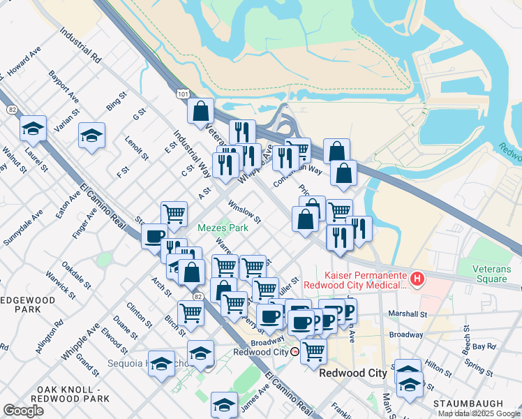 map of restaurants, bars, coffee shops, grocery stores, and more near 65 Winslow Street in Redwood City