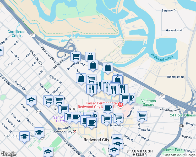 map of restaurants, bars, coffee shops, grocery stores, and more near 305 Main Street in Redwood City