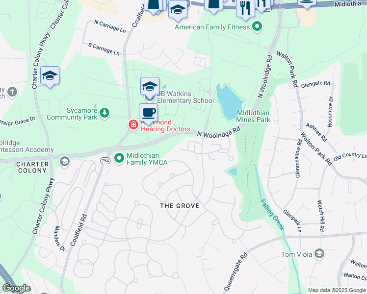 map of restaurants, bars, coffee shops, grocery stores, and more near 13518 Ridgemoor Drive in Midlothian