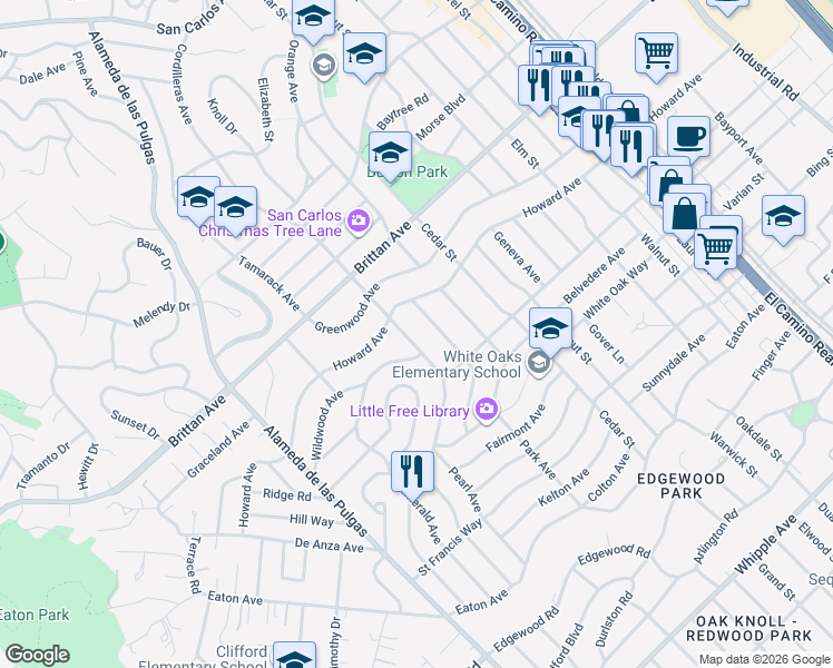 map of restaurants, bars, coffee shops, grocery stores, and more near 1325 Cordilleras Avenue in San Carlos