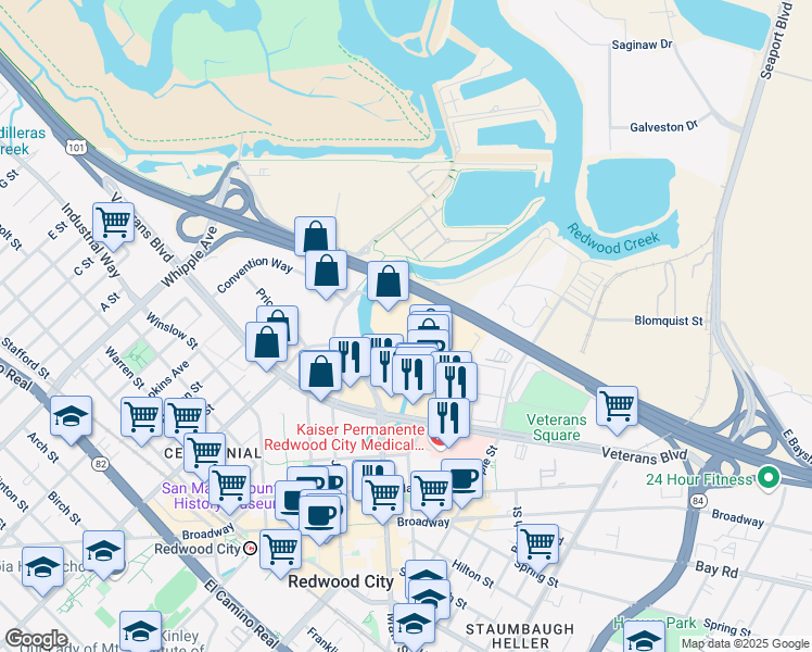 map of restaurants, bars, coffee shops, grocery stores, and more near 202 Walnut St in Redwood City