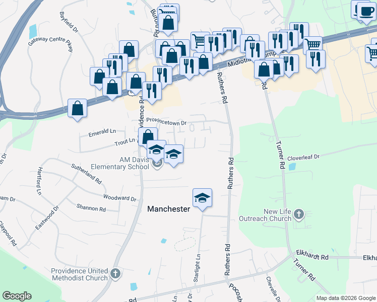 map of restaurants, bars, coffee shops, grocery stores, and more near 7925 Clovertree Court in Richmond