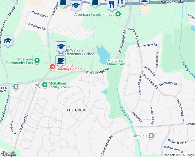 map of restaurants, bars, coffee shops, grocery stores, and more near 534 Lawford Lane in Midlothian