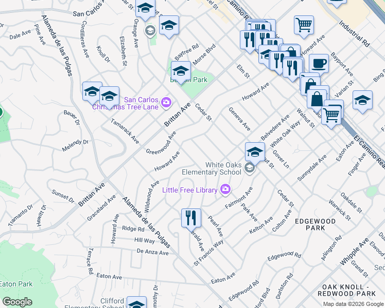 map of restaurants, bars, coffee shops, grocery stores, and more near 1325 Cordilleras Avenue in San Carlos