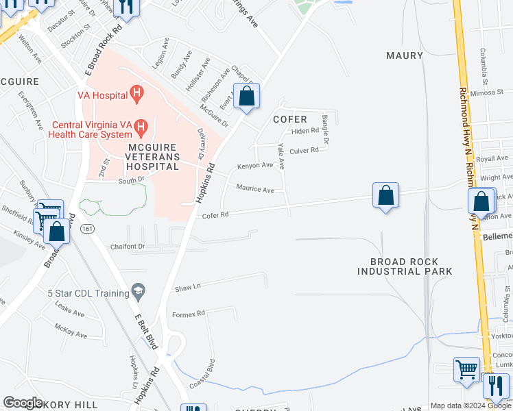 map of restaurants, bars, coffee shops, grocery stores, and more near 3136 Cofer Road in Richmond