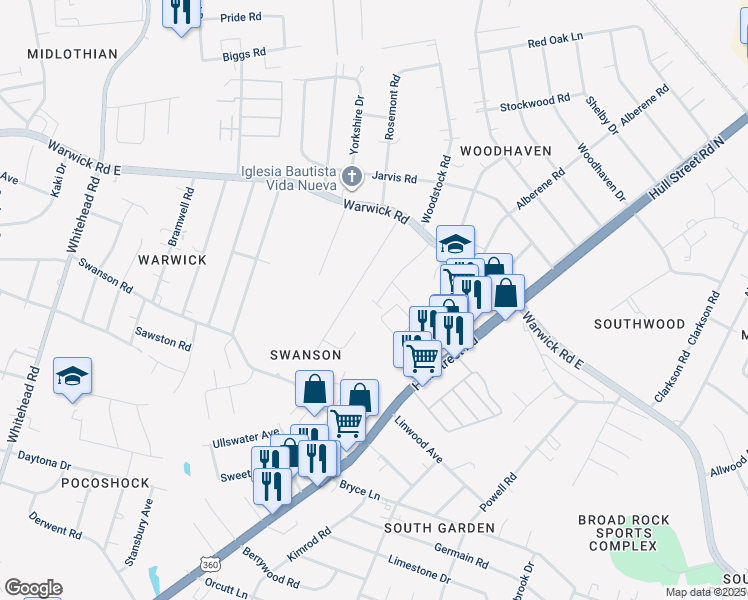 map of restaurants, bars, coffee shops, grocery stores, and more near 5322 Hull Street Road in Richmond