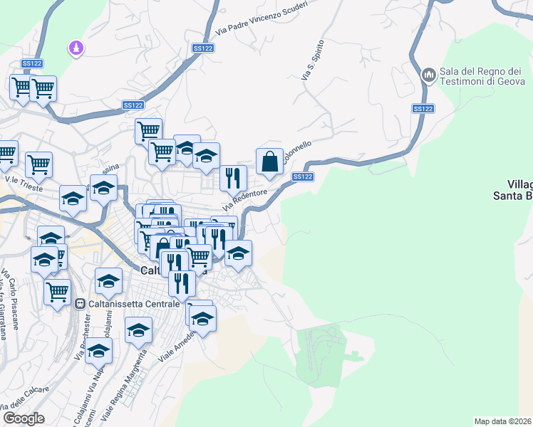 map of restaurants, bars, coffee shops, grocery stores, and more near 39 Via Tortorici in Caltanissetta