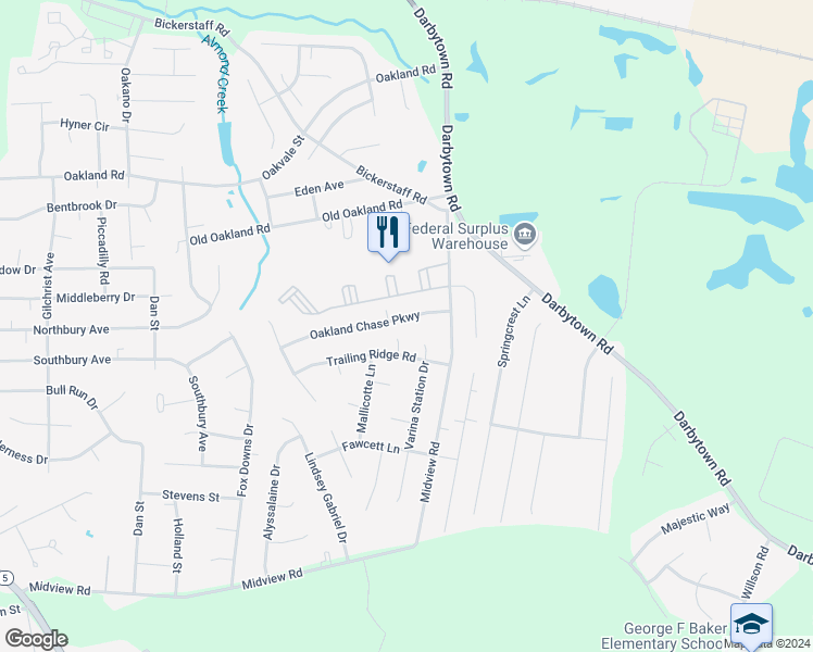 map of restaurants, bars, coffee shops, grocery stores, and more near 1565 Oakland Chase Parkway in Henrico