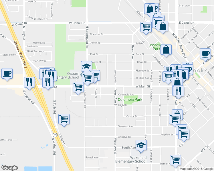 map of restaurants, bars, coffee shops, grocery stores, and more near 3 Clifford Avenue in Turlock