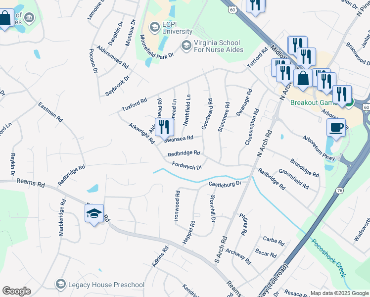 map of restaurants, bars, coffee shops, grocery stores, and more near 9730 Redbridge Road in Richmond