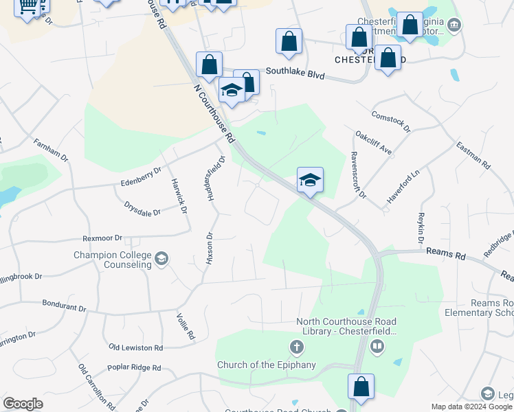 map of restaurants, bars, coffee shops, grocery stores, and more near 220 North Courthouse Road in Richmond