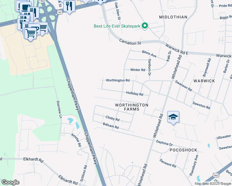 map of restaurants, bars, coffee shops, grocery stores, and more near 6513 Holliday Road in Richmond