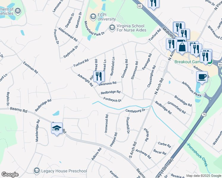 map of restaurants, bars, coffee shops, grocery stores, and more near 9730 Redbridge Road in Richmond