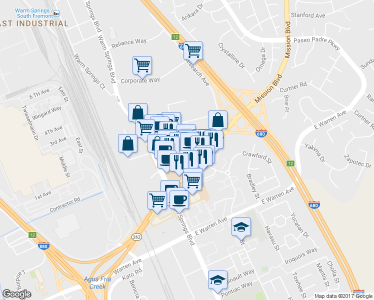 map of restaurants, bars, coffee shops, grocery stores, and more near 46505 Mission Boulevard in Fremont