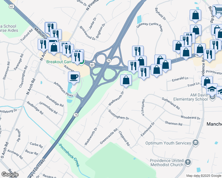 map of restaurants, bars, coffee shops, grocery stores, and more near 400 Trickling Creek Road in Richmond