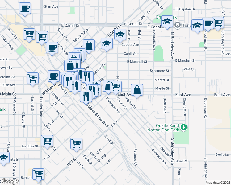 map of restaurants, bars, coffee shops, grocery stores, and more near 1190 East Avenue in Turlock