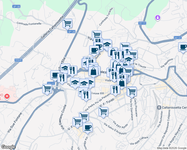 map of restaurants, bars, coffee shops, grocery stores, and more near 69 Via Malta in Caltanissetta