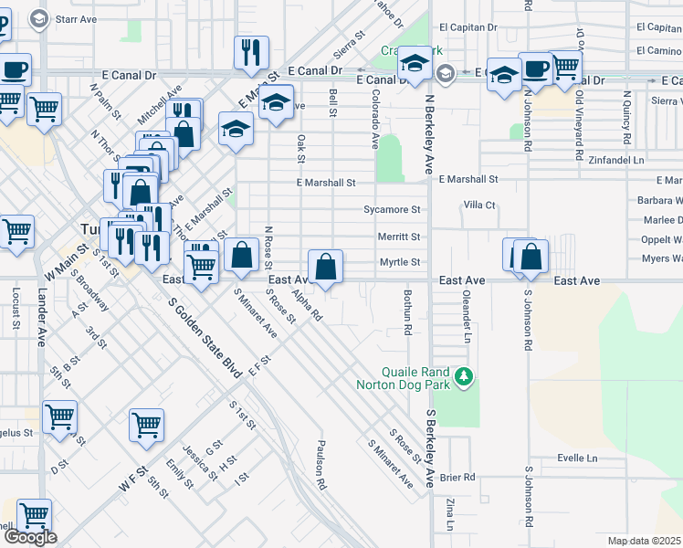 map of restaurants, bars, coffee shops, grocery stores, and more near 1398 East Avenue in Turlock