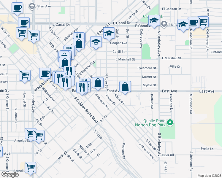 map of restaurants, bars, coffee shops, grocery stores, and more near 1290 East Avenue in Turlock