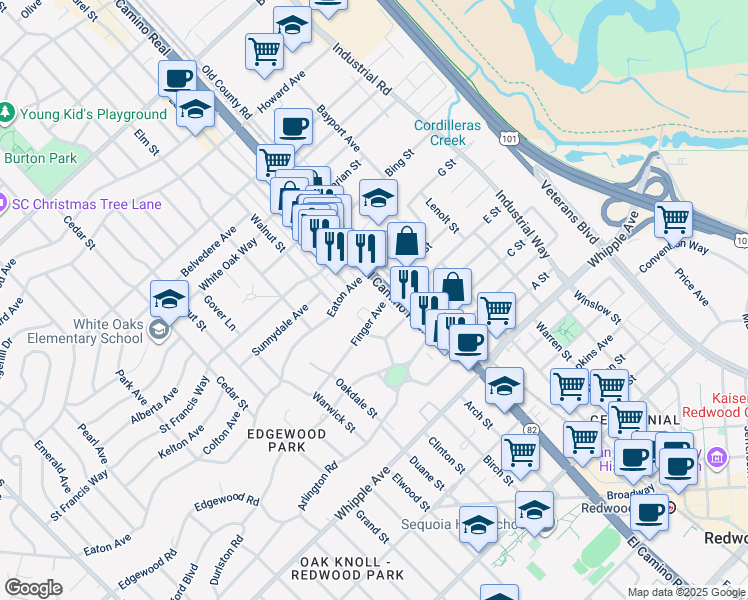 map of restaurants, bars, coffee shops, grocery stores, and more near 29 Finger Avenue in Redwood City