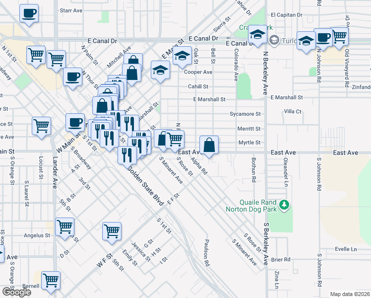 map of restaurants, bars, coffee shops, grocery stores, and more near 1290 East Avenue in Turlock