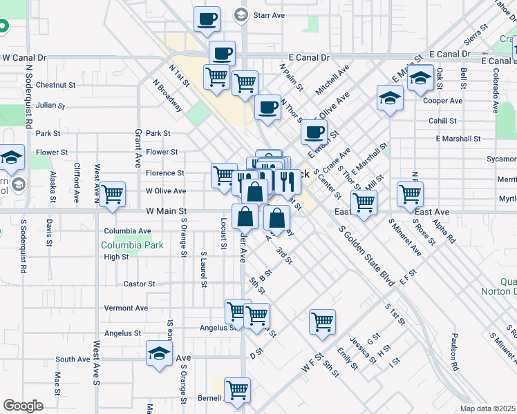 map of restaurants, bars, coffee shops, grocery stores, and more near 132 South Broadway in Turlock