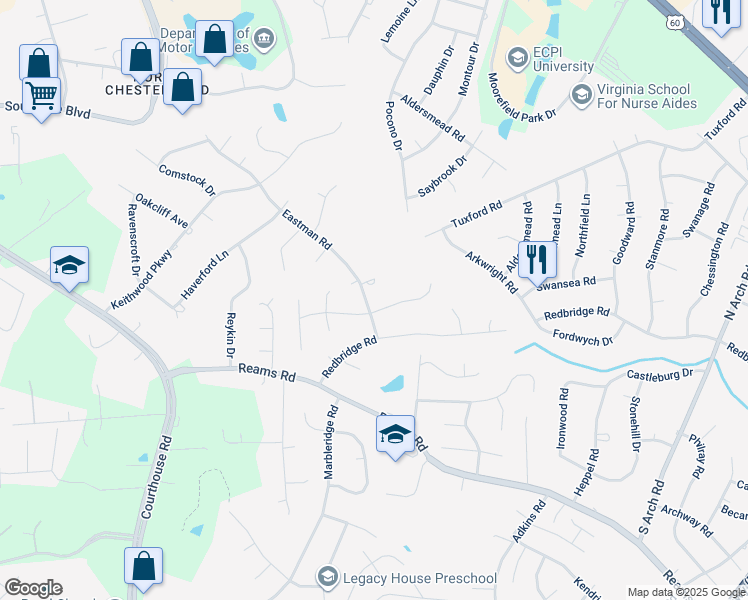 map of restaurants, bars, coffee shops, grocery stores, and more near 107 Eastman Road in Richmond
