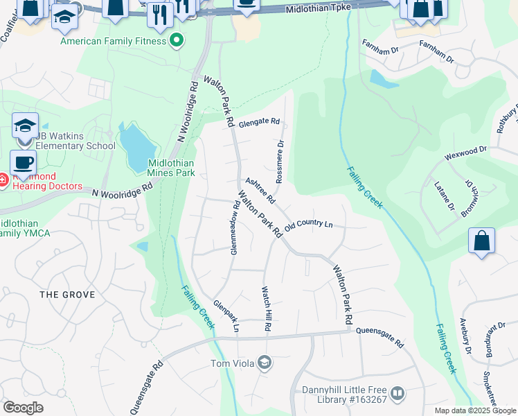 map of restaurants, bars, coffee shops, grocery stores, and more near 413 Walton Park Road in Midlothian