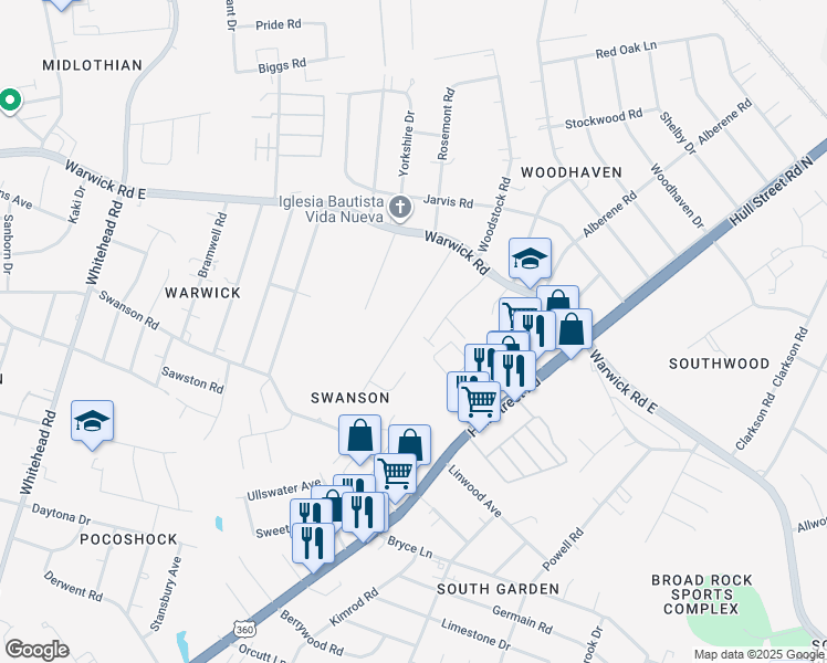 map of restaurants, bars, coffee shops, grocery stores, and more near 5322 Hull Street Road in Richmond