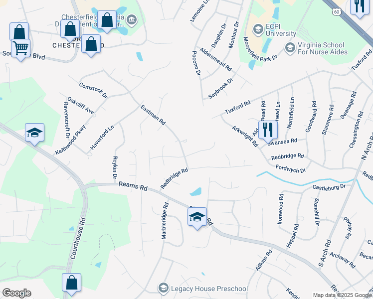 map of restaurants, bars, coffee shops, grocery stores, and more near 107 Eastman Road in Richmond