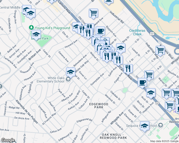 map of restaurants, bars, coffee shops, grocery stores, and more near 9 El Sereno Court in San Carlos