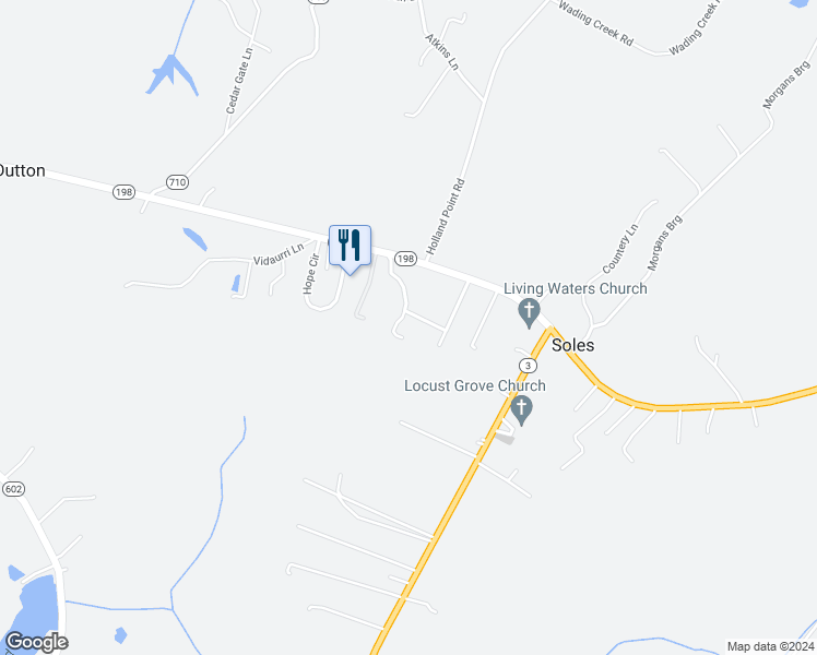 map of restaurants, bars, coffee shops, grocery stores, and more near 116 Ewellville Lane in Dutton