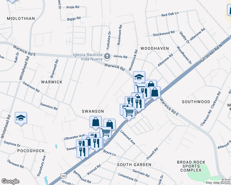 map of restaurants, bars, coffee shops, grocery stores, and more near 5322 Hull Street Road in Richmond