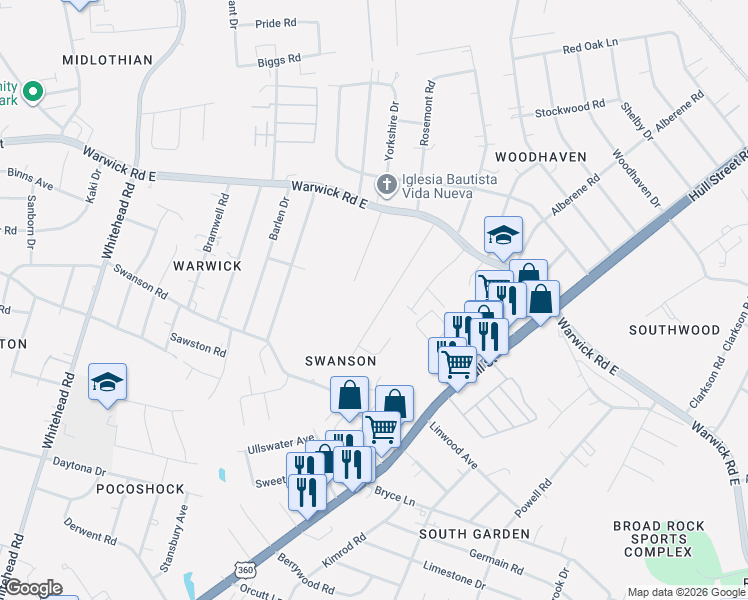 map of restaurants, bars, coffee shops, grocery stores, and more near 1300 Hodges Road in Richmond