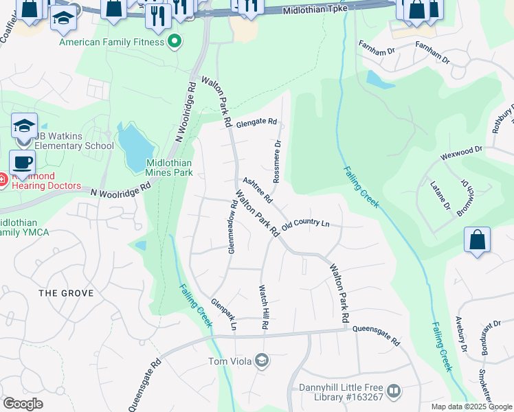 map of restaurants, bars, coffee shops, grocery stores, and more near 413 Walton Park Road in Midlothian