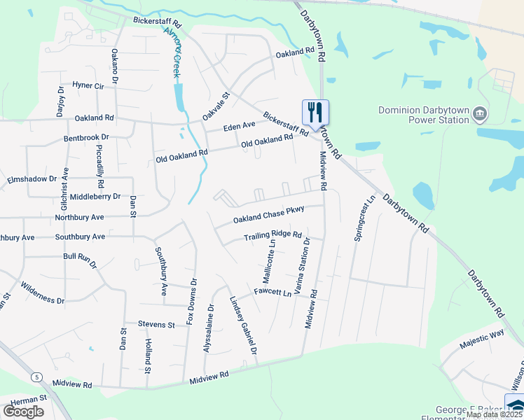 map of restaurants, bars, coffee shops, grocery stores, and more near 1529 Oakland Chase Parkway in Richmond