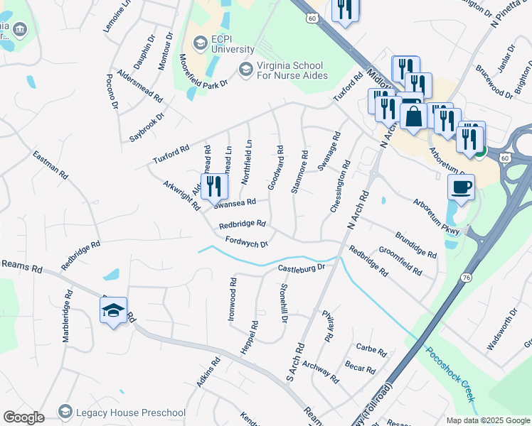 map of restaurants, bars, coffee shops, grocery stores, and more near 12 Goodward Road in Richmond
