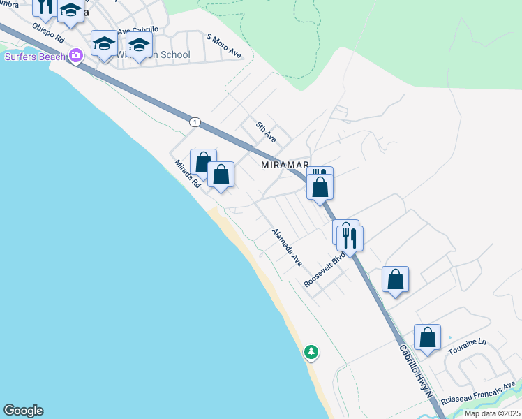 map of restaurants, bars, coffee shops, grocery stores, and more near 70 San Andreas Avenue in Half Moon Bay
