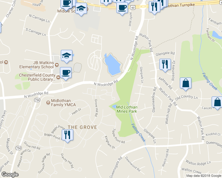 map of restaurants, bars, coffee shops, grocery stores, and more near 512 Scotter Hills Lane in Midlothian