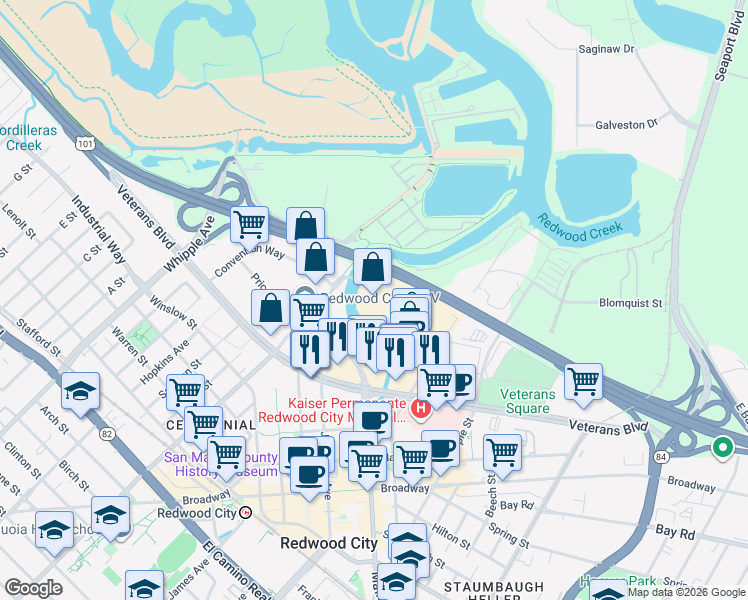 map of restaurants, bars, coffee shops, grocery stores, and more near 202 Walnut Street in Redwood City