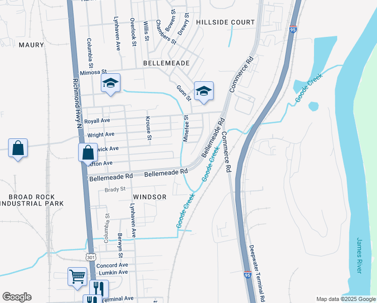 map of restaurants, bars, coffee shops, grocery stores, and more near 2107 Ridgemont Road in Richmond