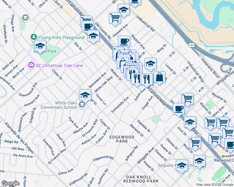map of restaurants, bars, coffee shops, grocery stores, and more near 2 El Sereno Drive in San Carlos