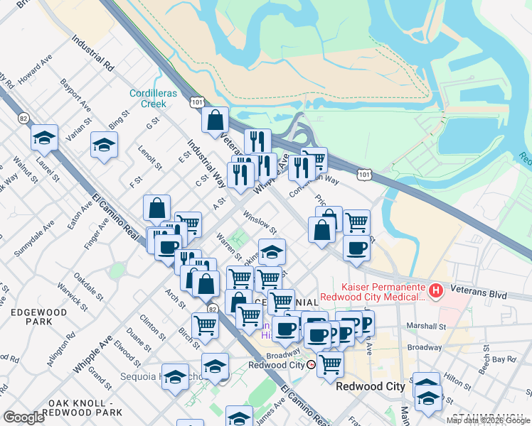 map of restaurants, bars, coffee shops, grocery stores, and more near 427 Standish Street in Redwood City