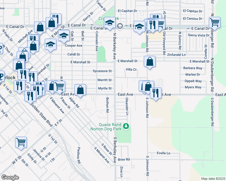 map of restaurants, bars, coffee shops, grocery stores, and more near 1598 East Avenue in Turlock