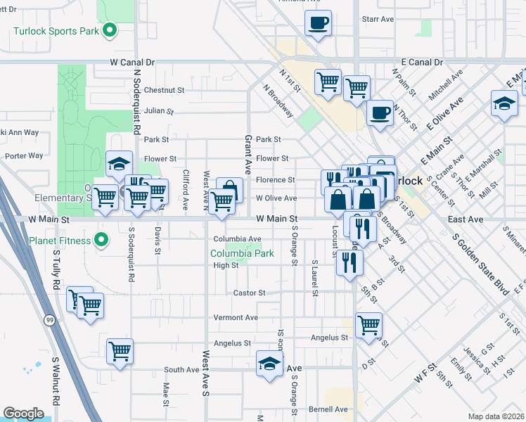 map of restaurants, bars, coffee shops, grocery stores, and more near 568 West Main Street in Turlock