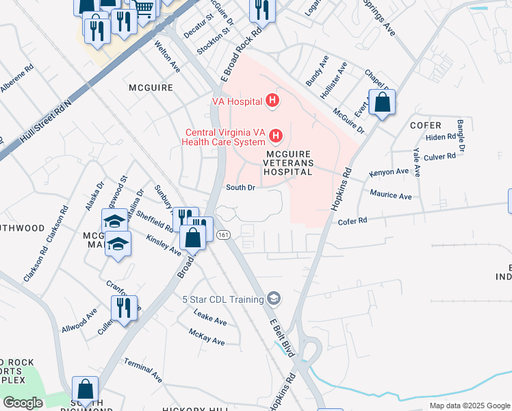 map of restaurants, bars, coffee shops, grocery stores, and more near 1601 Broad Rock Boulevard in Richmond