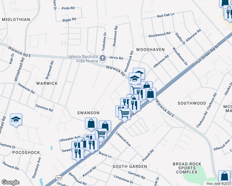 map of restaurants, bars, coffee shops, grocery stores, and more near 5312 Hull Street Road in Richmond
