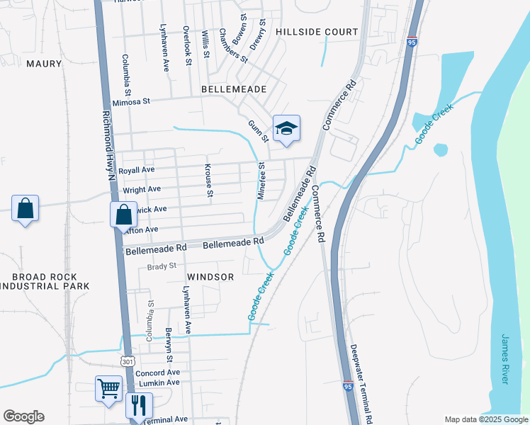 map of restaurants, bars, coffee shops, grocery stores, and more near 2107 Ridgemont Road in Richmond
